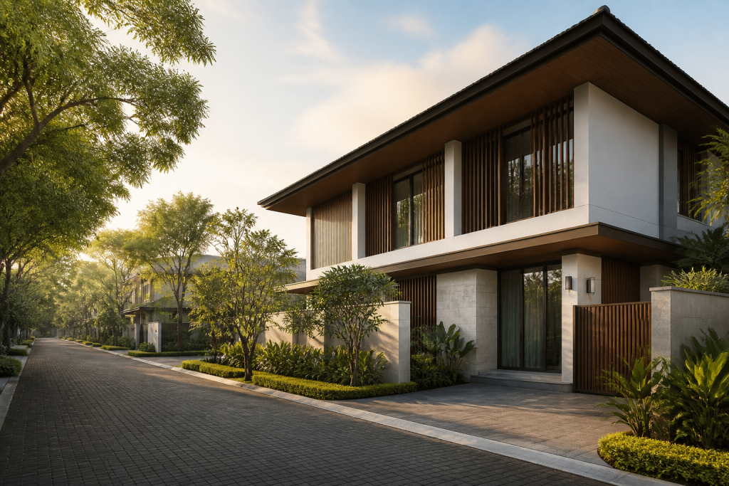 Rumah modern tropis dengan lanskap hijau